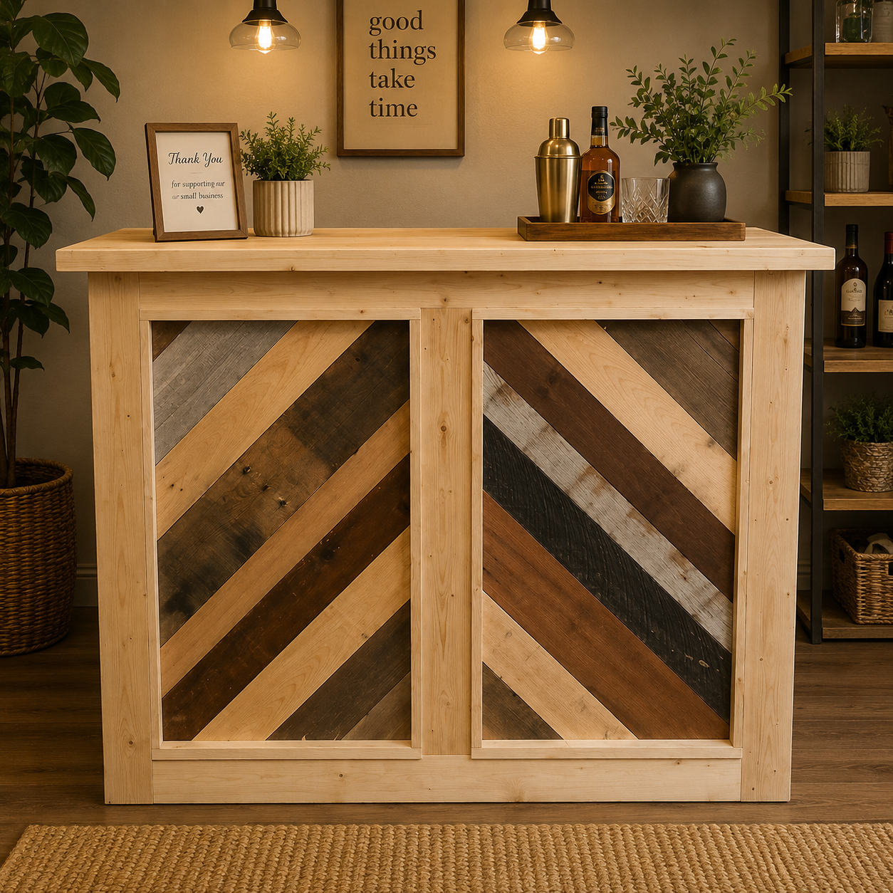 Reclaimed Wood Home Bar: Chevron Rustic Farmhouse Portable Bar